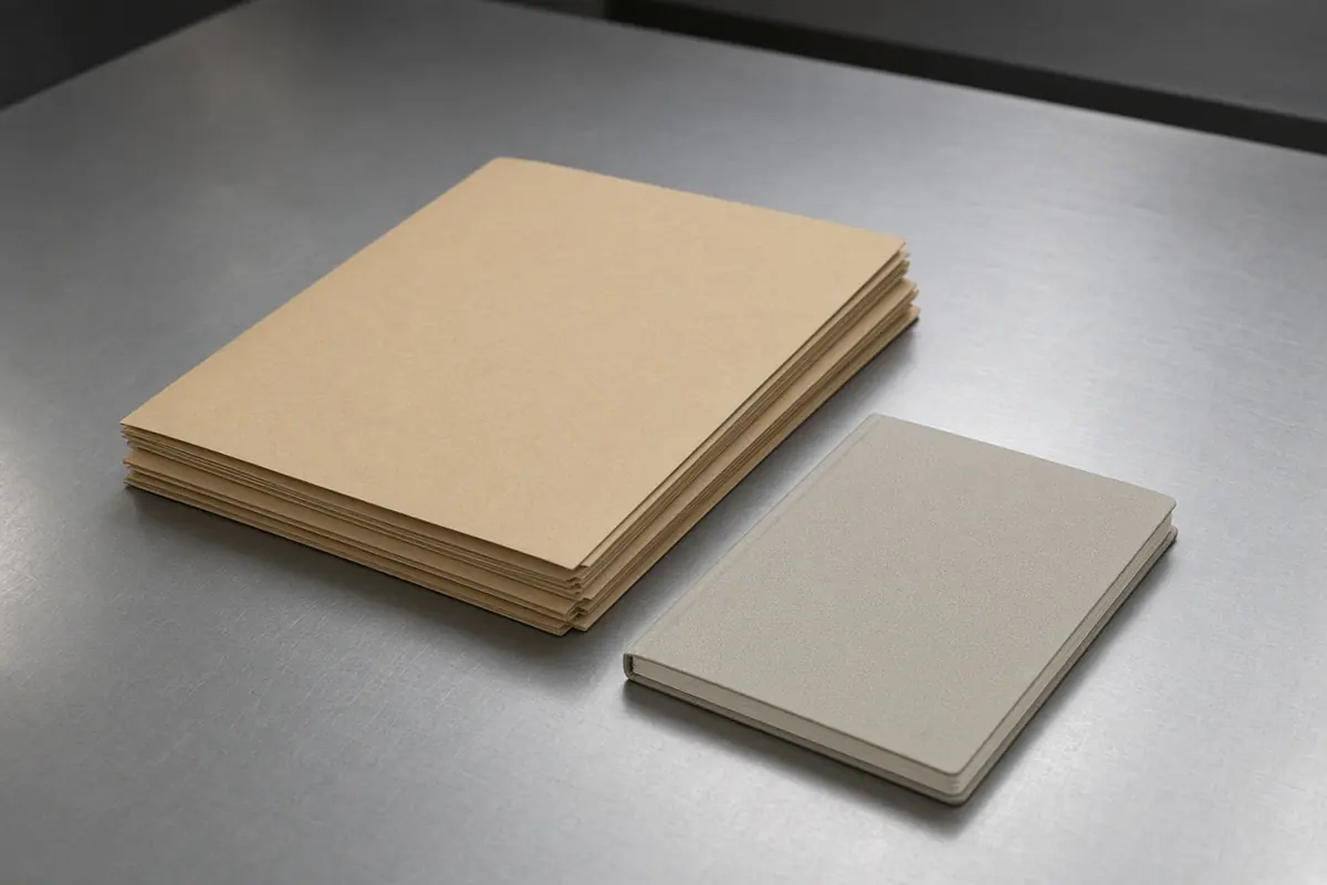 Example of plain folders and a closed notebook on a stainless-steel table.