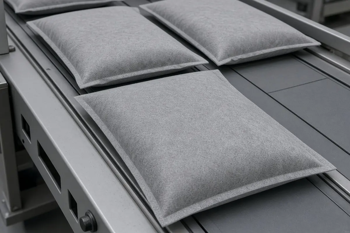 Example of unprinted grey pouches on a grey conveyor.